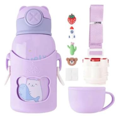 Imagem de Garrafa Termica Infantil 3 Tampas Bolsa C/Alça e Adesivo Aço Inox 500ml (Lilás)