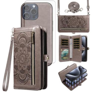 Imagem de Asuwish Capa de telefone para iPhone 15 Pro 6,1 polegadas carteira magnética destacável capa celular com protetor de tela de vidro temperado alça transversal flor porta-cartão de crédito i Phone15 i15