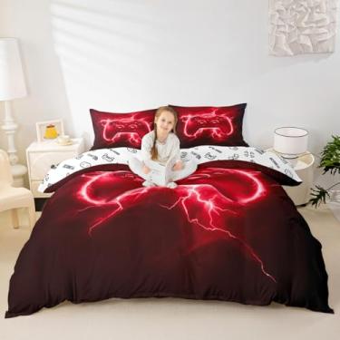 Imagem de Manfei Conjunto de capa de edredom de gamepad vermelho, tamanho solteiro, controle de videogame, 2 peças, capa de edredom moderna para jogos, decoração de quarto de crianças, meninos e adolescentes