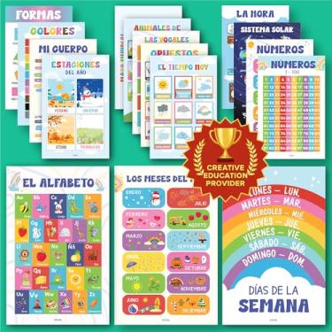 Imagem de EXCOOL CLUB 16 pôsteres de sala de aula de espanhol para o ensino fundamental - pôsteres educativos bilíngues coloridos para crianças de 1 a 3 anos, pôster laminado de aprendizagem pré-escolar