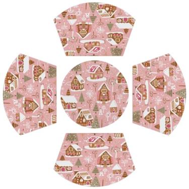 Imagem de Jogo americano de mesa redonda de pão de gengibre de árvore de Natal, conjunto de 5 tapetes de mesa de Natal com mesa de centro de mesa resistente ao calor para mesa de jantar e cozinha interna