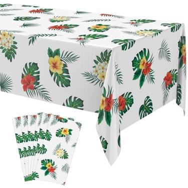Imagem de Oudain 6 peças de toalhas de mesa havaianas luau folhas de palmeira tropicais decorações de festa do Havaí capas de mesa retangulares para verão piscina praia Aloha selva artigos de aniversário
