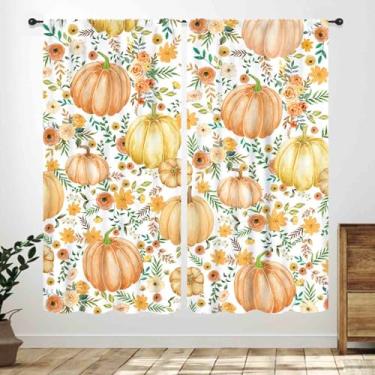 Imagem de Cortinas de outono abóboras para sala de estar, outono rústico casa de fazenda, dia de graças, colheita, aquarela, flores laranjas, folhas, janela, tratamentos para cozinha, quarto, banheiro, 2