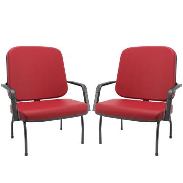 Imagem de Kit 02 Cadeiras de Escritório Recepção com Braço Fixa Preta Magno P03 Vinil Vermelho - Lyam Decor