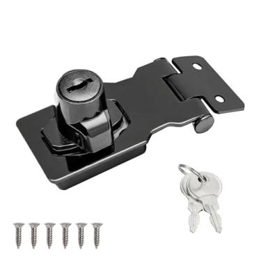 Imagem de Wopanxye Fecho de trava de porta com chave de botão giratório, trava e grampo de ferrolho de segurança de metal preto, fivela de aço inoxidável, para portão, porta de garagem, galpão de madeira, caixa