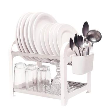 Imagem de Escorredor 12 Pratos Inox Branco Com Porta Talheres - Domum