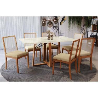Imagem de Conjunto Sala de Jantar Elma Premium Madeira Maciça c/ Tampo Madeirado c/ Vidro 160x90cm e 6 Cadeiras Lara Carvalho/Off White - Boucle Bege-Kappesberg