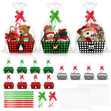 Imagem de CIEOVO Conjunto de 24 cestas de festa xadrez de Natal com celofane, laços, bandeja vazia Kraft Market com alças para Natal, Natal, decoração de festa de aniversário