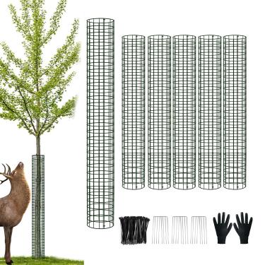 Imagem de chicarry Protetor de tronco de árvore de metal, pacote com 6, protetores de árvore de malha de 91 cm com laços de zíper, estacas, protetor expansível de tronco de árvore, protetores de árvore de