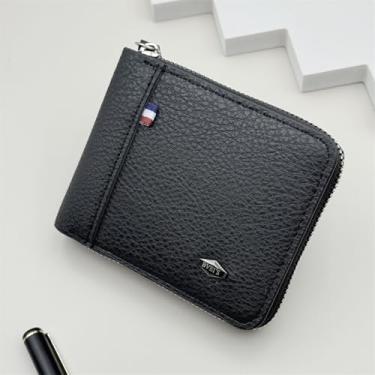 Imagem de Carteira masculina com bloqueio de zíper, carteira de couro para homens, porta-cartões dobrável 08, Preto, Minimalista