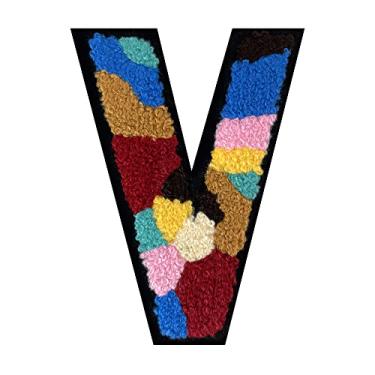 Imagem de 1 peça de 11,4 cm colorido camuflagem chenille remendo com borda preta Camuflagem divertida ferro em letras para jaquetas e mochilas, adesivos modernos do alfabeto para bricolage, moda e presentes (V)