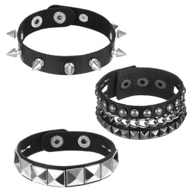 Imagem de Gtziqa 3 pulseiras de couro punk rock, pulseira cravejada de couro cravejado para homens mulheres anos 80 anos 90 gótico ajustável envolver punhos de pulso acessórios de joias emo