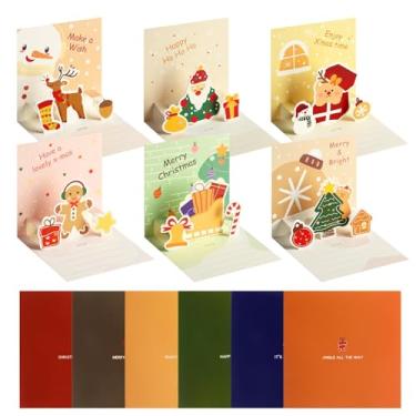 Imagem de Habbiful 6 peças de cartões de Natal infantis para netos, pequenos cartões de Natal com envelopes 3D, cartões comemorativos de Natal, Papai Noel, boneco de neve, rena, árvore de Natal, conjunto de