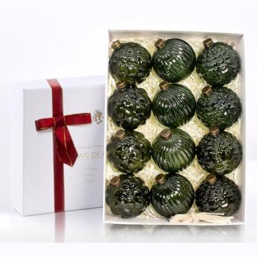 Imagem de 12 peças de enfeites de Natal de vidro verde, enfeites de bola de vidro texturizado de 8 cm, bolas vintage com nervuras e em relevo, decorações de férias de fazenda rústicas para árvore de Natal
