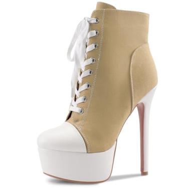 Imagem de Perisis Bota feminina preta plataforma tornozelo salto alto stiletto bota curta cadarço lona sapatos fechados bico redondo com zíper lateral para mulheres sexy primavera outono inverno, Lona cáqui, 42