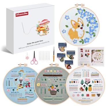 Imagem de Afcancihe Pacote com 4 kit de bordado, kit inicial de ponto cruz para iniciantes, ferramenta de feltragem de agulha para adultos com tecido impresso, agulha de bordado, vídeo de instruções, presentes