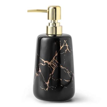Imagem de Dispensador de sabão de cerâmica de mármore luxuoso – Frasco de sabão de mão recarregável de 350 ml com bomba de aço inoxidável para banheiro e bancada de cozinha (preto)