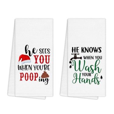 Imagem de EGBTL Toalhas de mão engraçadas de Natal, toalhas de mão de Natal para decoração de banheiro, ele vê você quando você está cocô lave suas mãos toalha decorativa de Natal de inverno para banheiro
