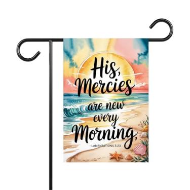 Imagem de His Mercies Are New Every Morning Lamentações 3:23 Bandeira de jardim - Placa de pátio de praia baseada na fé - Verso da Bíblia Bandeira com vista para o oceano - Ideia decoração ao ar livre e