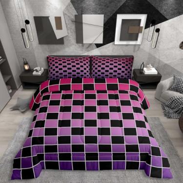 Imagem de Erosebridal Jogo de cama King xadrez geométrico, roxo, rosa choque, ombré, para crianças, meninas, adolescentes, adolescentes, edredom quadriculado, preto degradê, quadriculado, edredom