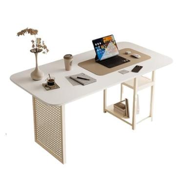 Imagem de Mesa para sentar e levantar Mesa de escritório branca com prateleiras armazenamento 2 níveis, moderna, simples, para estudo, laptop, escrita, estilo elegante, estação trabalho(M)