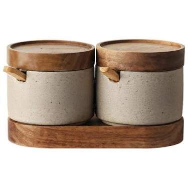 Imagem de Conjunto de tampa e adega colher de sal de cerâmica, dois recipientes uma bandeja inclui e, potes decorativos de especiarias para sala de jantar, cozinha e