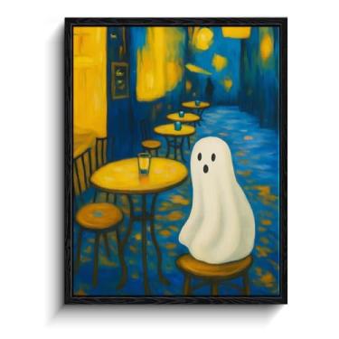 Imagem de Folha branca fantasma no terraço do café noturno, decoração de parede de imagens de fantasmas estilo Van Gogh, arte de parede fantasma com moldura fosca, imagens engraçadas de fantasmas para casa