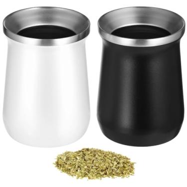 Imagem de 2 peças de copos de erva-mate de aço inoxidável, conjunto de canecas de chá e café de metal isolado de 227 g, cuia térmica de parede dupla para bebidas quentes e frias