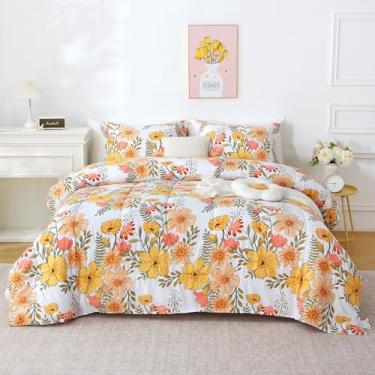 Imagem de Mooreeke Conjunto de edredom floral, tamanho solteiro, vintage, rosa e amarelo, para todas as estações, cama vintage de 2 peças em uma bolsa com edredom acolchoado fofo reversível e fronha