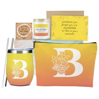 Imagem de SAPEYKR Conjunto de pulseiras de velas e velas com monograma amarelo inicial B, monograma, presentes de aniversário para mulheres, mãe, filha, tia, irmãs, namoradas, chefe, colega de trabalho, Natal