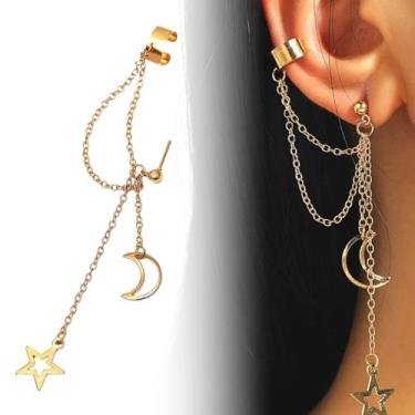 Imagem de Brinco Corrente Com Piercing Pressão Lua E Estrela Duplo - TOTAL, Dour