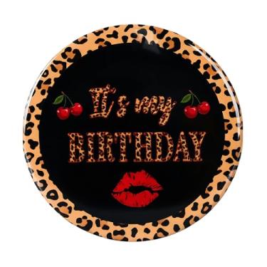Imagem de Botão de aniversário Cheetah Cherry - Broche "It's My Birthday" com estampa de leopardo para festa de cereja de leopardo, festa temática de maquiagem, saída à noite de meninas, lembrancinhas de