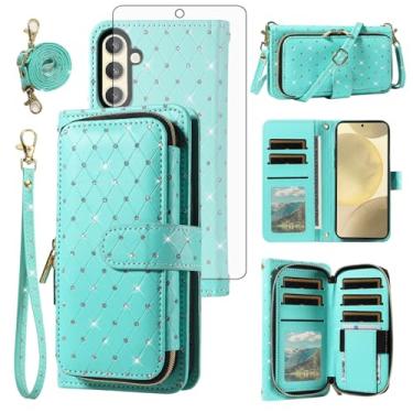 Imagem de Asuwish Capa de celular para Samsung Galaxy A56 5G capa carteira com zíper com protetor de tela de vidro temperado, alça transversal com cordão com glitter, compartimento para cartão A 56 56A LTE