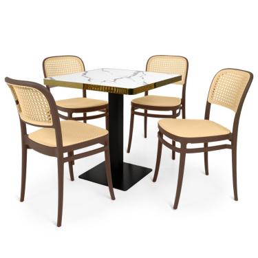 Imagem de Conjunto Mesa De Jantar Redonda Venezia 70x70cm Branca Com 4 Cadeiras Roma - Marrom