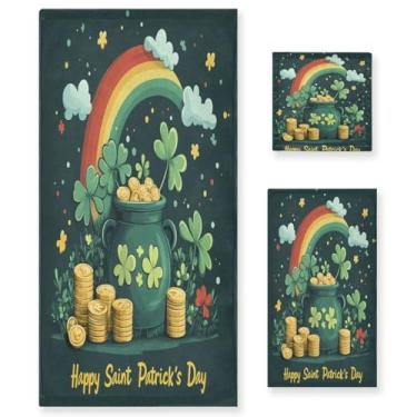 Imagem de Blueangle Conjunto de toalhas decorativas de banheiro com padrão de pote dourado do dia de São Patrício, conjunto de 3 peças com toalha de banho, toalha de mão e toalha de banho (185)