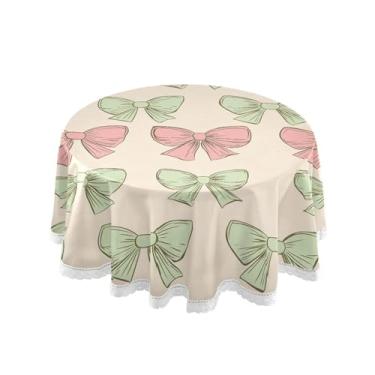 Imagem de SEHANY Toalha de mesa redonda com laço rosa de 152 cm, tecido lavável sem rugas, toalha de mesa decorativa de renda para restaurante, casamento, acampamento, festa de cinco de maio