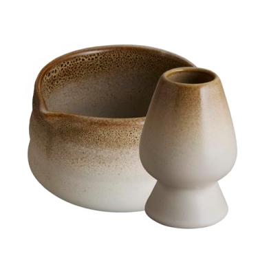 Imagem de Goodies Conjunto de tigela e batedor Ombre Matcha, esmaltado, seguro para lava-louças, seguro para micro-ondas, bico sem derramamento, suporte resistente e até seco, perfeito para bater matcha e chá