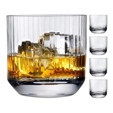 Imagem de NUDE Conjunto de 4 copos de uísque DOF – 304.8 g Premium sem chumbo cristal Old Fashioned Rocks copos para Whisky, Scotch & Bourbon – Padrão linear gravado, lavável na lava-louças