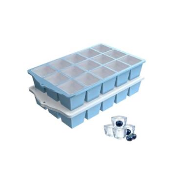 Imagem de Bandejas de gelo para freezer, 2 unidades de bandeja de gelo slicone de liberação fácil com tampa, moldes de gelo flexíveis empilháveis sem BPA, 15 cubos de gelo quadrados reutilizáveis para uísque