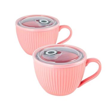 Imagem de Tigelas de sopa de cerâmica com alças, canecas de café grandes de 680 g, canecas de sopa jumbo com tampas para cereais matinais, aveia, café, chá, microondas e lava-louças, presente de casamento de