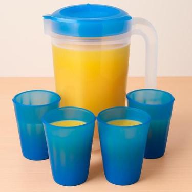 Imagem de Kit Jarra 2L de Água e Suco c/ 4 copos 250ml Azul Rosa ou Transparente