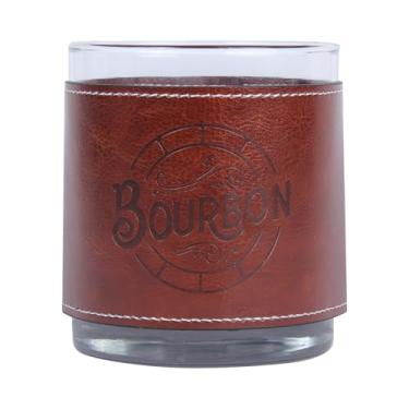 Imagem de Derby – Copo duplo antiquado com manga de couro sintético de 325 ml – Copo de uísque Bourbon – Presentes para homens (Palavra Bourbon dentro do barril de bourbon)