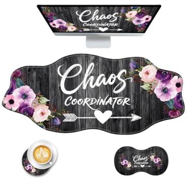 Imagem de CICPLKSE Mouse pad com suporte de pulso + tapete de mesa + porta-copos conjunto 3 em 1, 2GG grande mousepad ergonômico para mesa, computador, laptop, escritório, citações do coordenador de caos