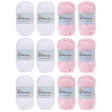 Imagem de Reessy Conjunto de fios de chenille skinny – 12 novelos macios para bebês (50 g, 6 brancos + 6 rosa, total de 1,896 m) – fio de chenille fosco fino para crochê – CYC#2 macio para cobertores de bebê