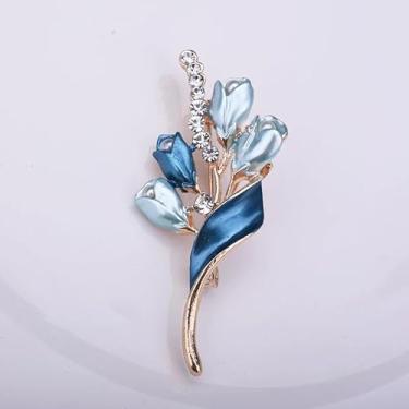 Imagem de Broche floral requintado incrustado com detalhes de strass e pérola sintética, acessório de roupa elegante para vestidos, suéteres e ternos, azul