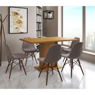 Imagem de Mesa Jantar Londres Retangular Canela 137X90Cm 6 Cadeiras Estofadas Nude Médio Madeira