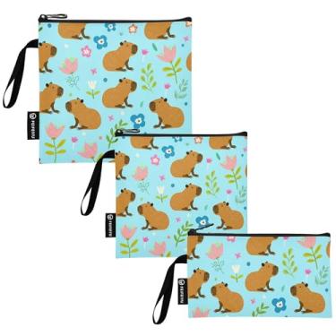 Imagem de Lindas flores capivaras azul lavável saco de lanche e sacos de sanduíche reutilizáveis, sacos de comida com zíper para viagem, trabalho, escritório, escola (conjunto de 3: P/M/G)