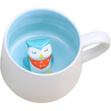 Imagem de Caneca fofa 3D animal cerâmica café xícara de chá com alça, estatueta de animal feita à mão copo de cerâmica para café, chá, coruja de leite