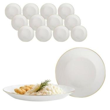 Imagem de Kit 12 Prato Redondo Raso Opaline Branco Borda Dourada 26cm - Haüskraf