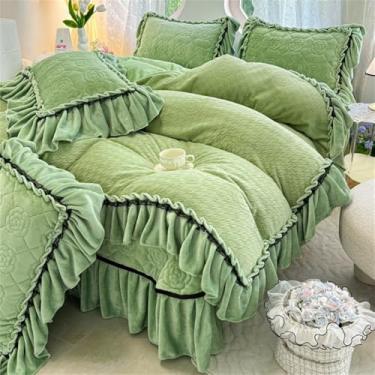Imagem de Conjunto de cama de inverno em veludo cotelê com babados, saia de cama, capa de edredom grossa e quente, verde claro, tamanho queen (200x230cm).